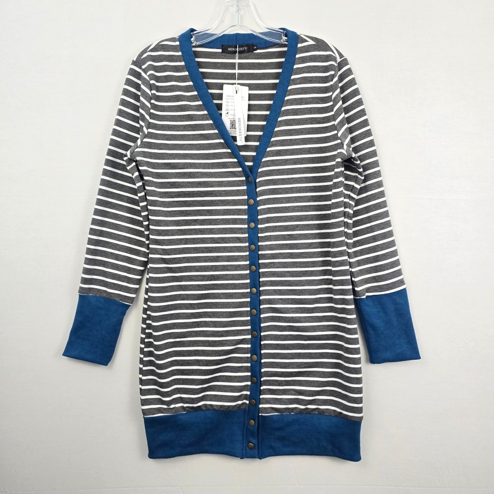 Merokeety Stripe Snap Closure Long Sleeve Women Cardigan Gray‎ White Blue L New